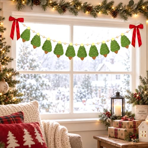 2 Pcs 6.7ft Crochet Christmas Tree Garland - Rustic Wood Bead Banner, LFUTARI