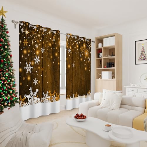 Brown Wood Grain Snowflake Christmas Window Curtains 2 Panels 42W x 84L