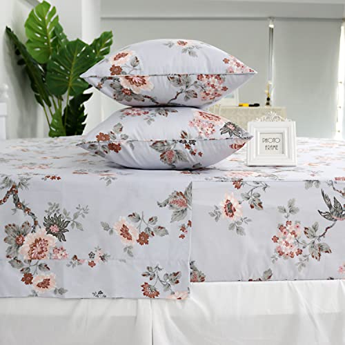 100% Cotton Twin XL Sheet Set - Vintage Floral & Bird Print (4-Piece)