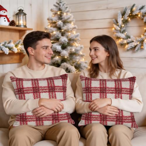 Artmag Christmas Throw Pillow Covers 20x20 Inch Set of 2 Buffalo Plaid Decorative Pillow Covers in White and Red