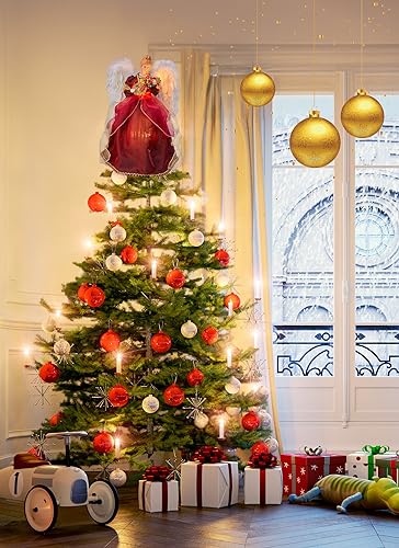 Brightown Lighted Christmas Angel Tree Topper with Violin - Red Variant, 16 Inch Holiday Decor