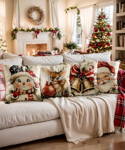 Vintage Snowman Christmas Pillow Covers Set of 4 18x18 Inches