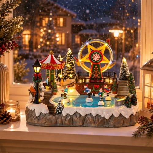 VCUTEKA Winter Carnival Christmas Village Scene with Moving Ferris Wheel & Skating Rink