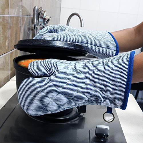 Extra-Long Cotton Oven Mitts, Heat Resistant 470°F - 1 Pair Blue Striped