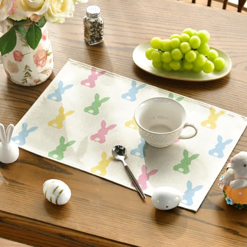 Artoid Mode Colorful Bunny Easter Placemats Set of 4, 12x18 Inch Pink Seasonal Table Decor