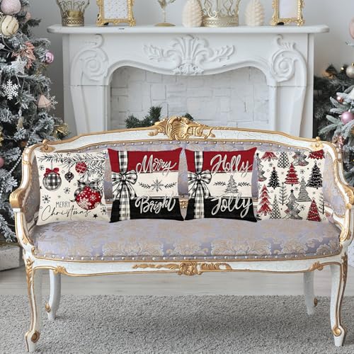 ONFAON Christmas13 Throw Pillow Covers 18x18 - 4ct Red Trees & Snowflakes