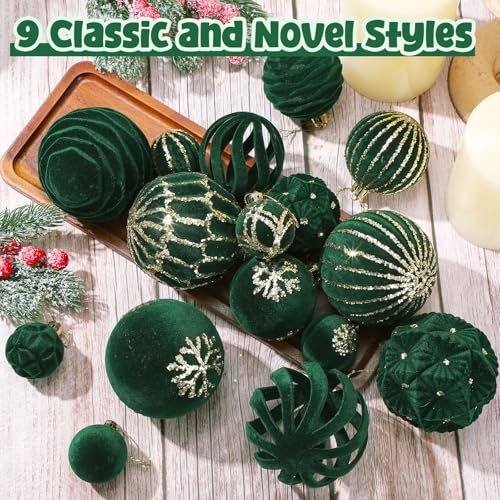 36 Pcs Hunter Green Velvet Christmas Ornaments Set - Flocked Ball Ornaments 1.57in-3.16in with 9 Shapes