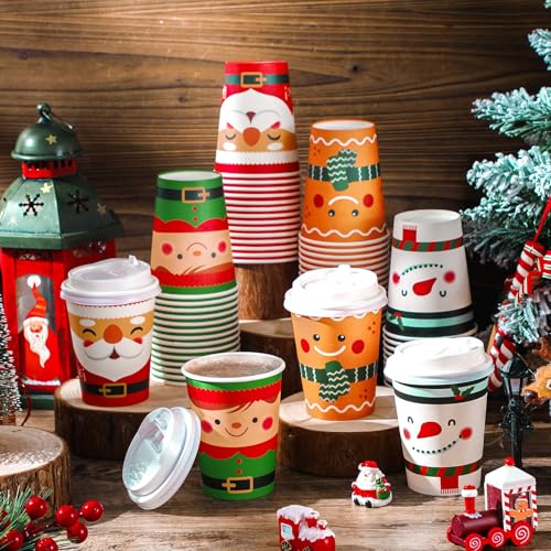 Peryiter 60 Pcs 9 oz Christmas Paper Coffee Cups with Lids Disposable