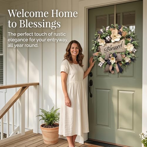 White Floral Front Door Wreath - 22-Inch Farmhouse Porch & Home Decor