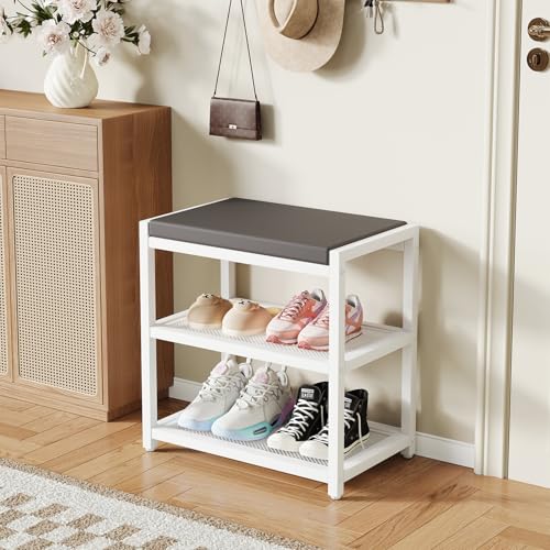 Small Shoe Bench with Cushioned Seat, 18-Inch Entryway Shoe Storage Rack