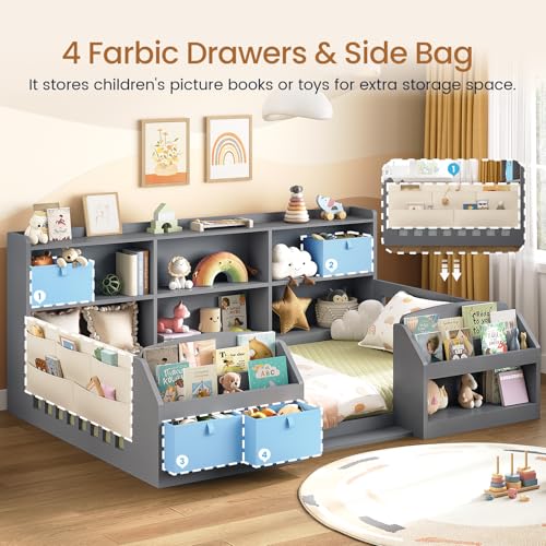 Twin Montessori Floor Bed Frame for Toddlers with Storage Drawers & Bookshelves