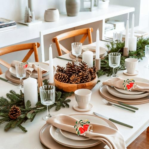 FEKIDO Christmas Jingle Bell Napkin Rings Set of 6 - Festive Red Metal with Green Ribbon for Holiday Table Decor