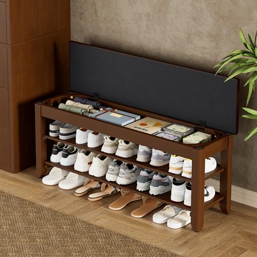 Solid Wood Shoe Storage Bench with Flip-Top Compartment, 39.4-Inch