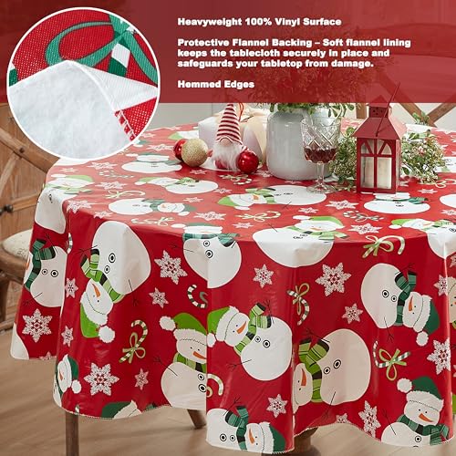 Newbridge 70-Inch Round Red Snowman Christmas Vinyl Tablecloth with Flannel Backing