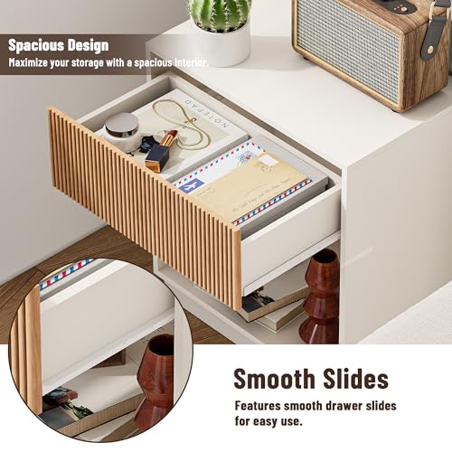 Fluted Nightstands Set of 2, Modern Bedside Table with Drawer and Shelf