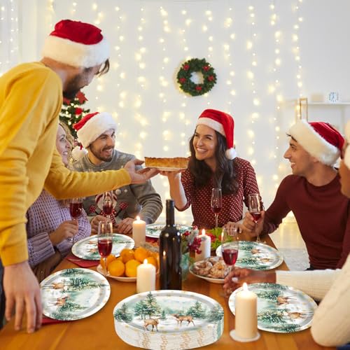 Christmas Reindeer Oval Paper Plates 11in - 50ct Watercolor Trees & Snowflakes