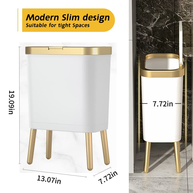 4 Gallon Slim Bathroom Trash Can with Lid and Legs White and Gold