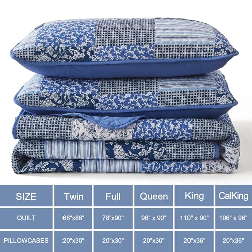 California King Blue Floral Quilt Set - 3 Piece Reversible Bedding