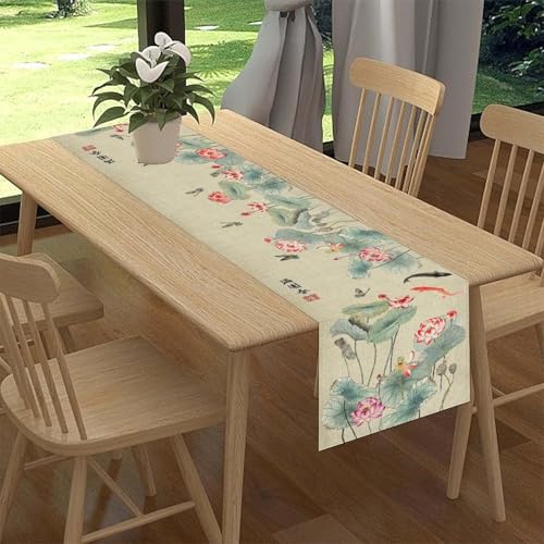 Drapeloft 13" x 90" Ink Painting Japanese Table Runner - Traditional Koi & Butterfly Design