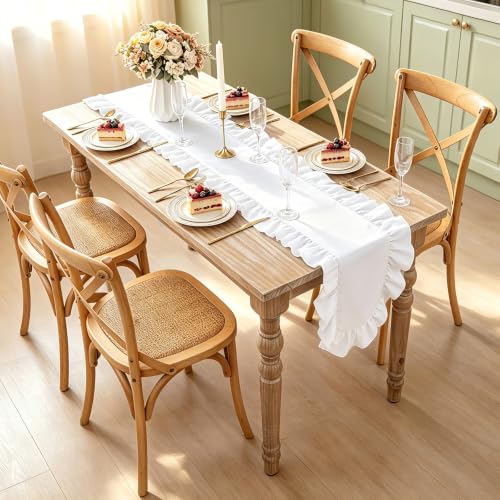 MoKoHouse 14x118 Inch White Ruffled Table Runner Set - 3 Pieces, Farmhouse Decor