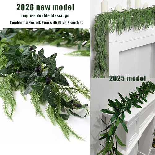 9FT Christmas Norfolk Pine & Olive Garland - Faux Greenery Wreath for Indoor Outdoor Decor