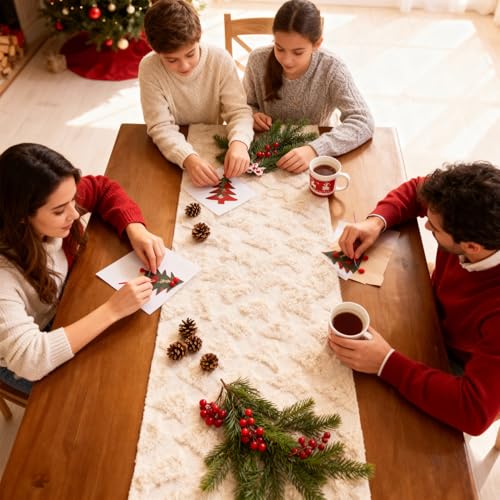 Mostop Cream Tree Christmas Table Runner 13x72 Inch Faux Fur Holiday Decor