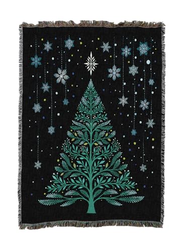 Christmas Night Tree Snowy Woven Cotton Tapestry Throw Blanket 50x60 - Made in USA