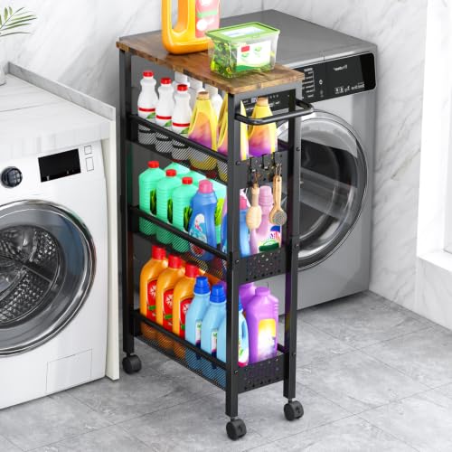 4-Tier Slim Utility Rolling Cart with Wheels & Wood Top - 7.1" Narrow Organizer