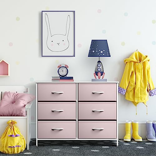 6-Drawer Fabric Dresser with Wood Top, Pink Storage Chest for Bedroom