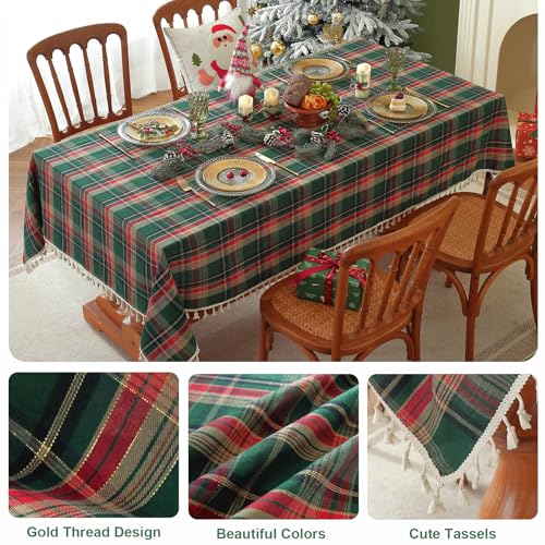 Christmas Green Buffalo Plaid Tablecloth 55x120 Inch Rectangular Washable Gingham with Tassels
