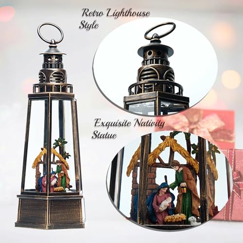 SMOOTHWIND 13.5'' Christmas Nativity Snow Globe Lantern WGL-BLJ - Retro Lighthouse, USB/Battery Powered, Music & Light