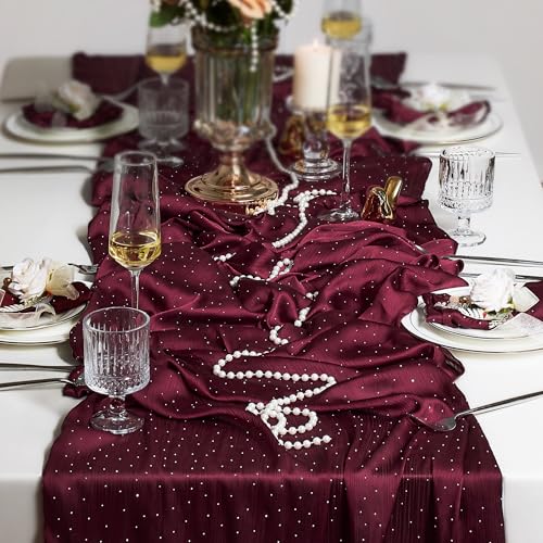 Leetaltree Burgundy Dazzle Table Runner with Hot-Fix Rhinestones, 10ft Gift Set for Wedding & Holiday Decor
