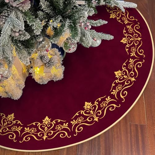 Scritism Burgundy 60 Inch Velvet Christmas Tree Skirt with Damask Baroque Embroidery
