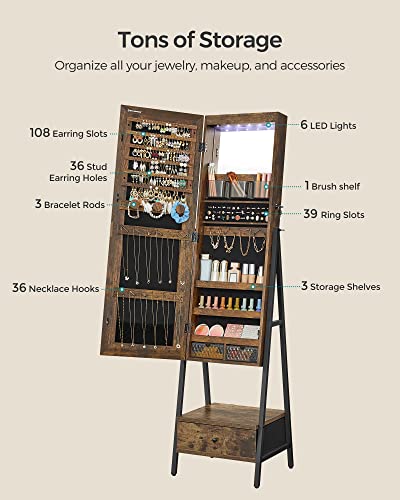 Standing Jewelry Armoire with Full-Length Mirror and LED Interior Lights