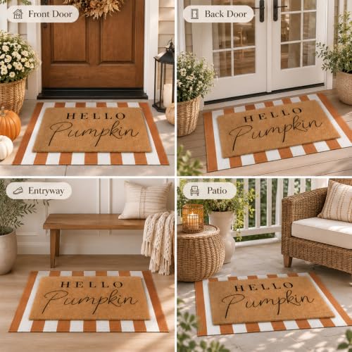 Hello Pumpkin 2-Piece Layered Doormat Set for Fall Farmhouse Entryway