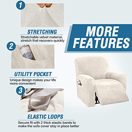 Recliner Chair Cover Set - 4-Piece Velvet Slipcovers, Ivory