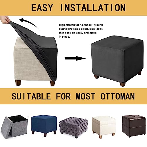 Small Square Velvet Ottoman Cover - Stretch Footrest Protector, Black