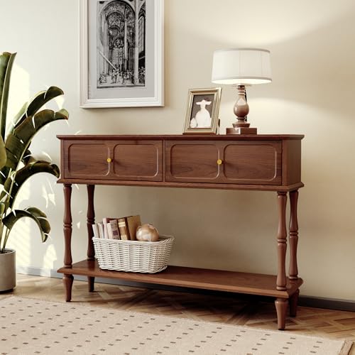 47-Inch Mid-Century Console Table with 2 Drawers and Open Shelf, Brown