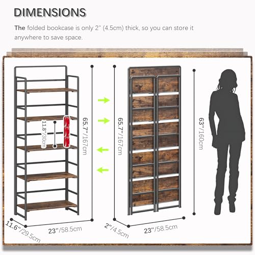 5-Tier Folding Bookshelf, Industrial Metal and Wood Storage Rack