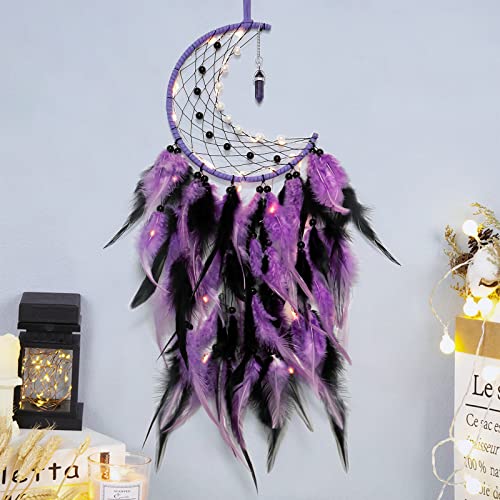 Handmade Purple Moon Dream Catcher with Fairy Lights Wall Hanging Decor