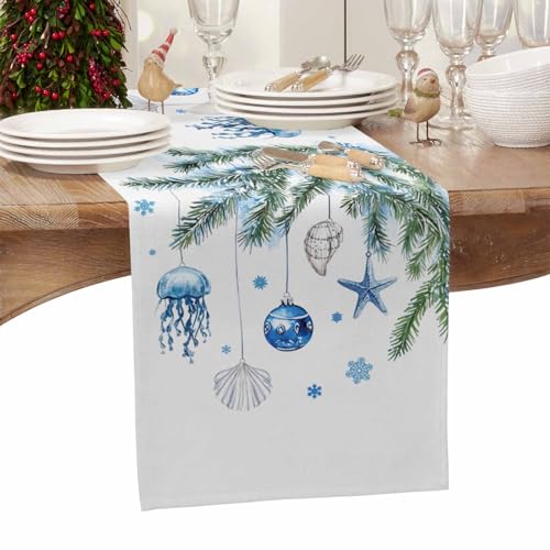 Dodgerblue 13 x 120 inch Blue Coastal Christmas Table Runner - Cotton-Linen Blend