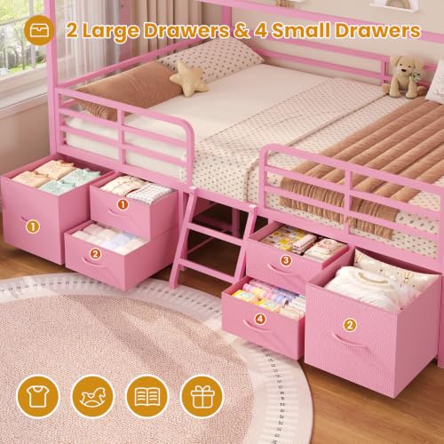 Full Size House Bed Frame with 6 Storage Drawers and Safety Guardrail