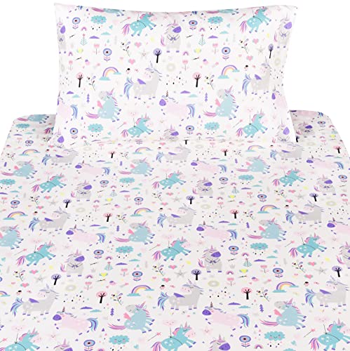 Unicorn Cotton Twin Bed Sheet Set - Kids Floral Rainbow Bedding