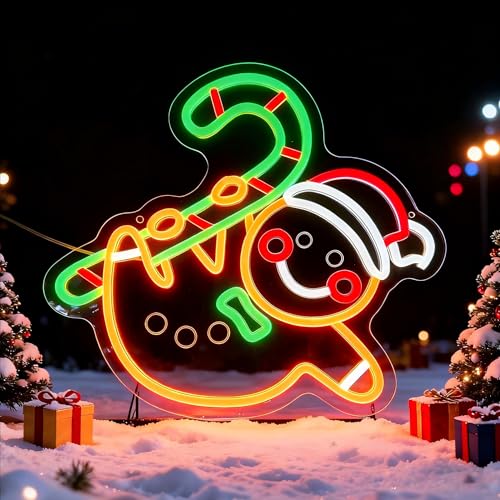 UHEBU Gingerbread Man & Candy Cane Whimsical LED Neon Sign - Christmas Home Decor