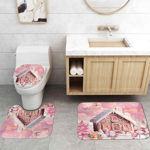 OLEBETY 4PCS Pink Christmas Shower Curtain Set with Rugs - Gingerbread House, Xmas Tree, Santa, Snowman, Kids Bathroom Decor, 72"x72"