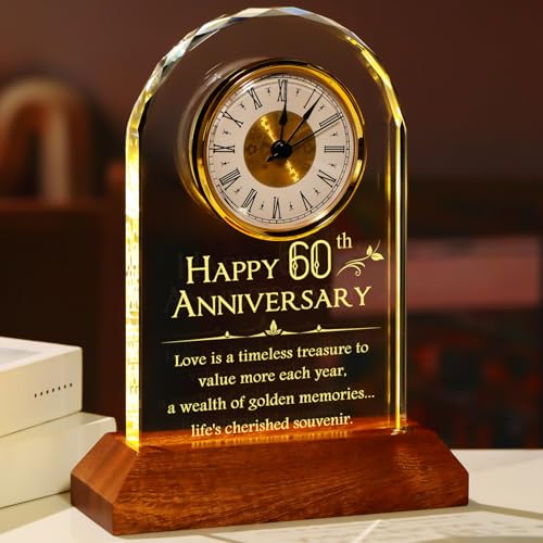 60th Wedding Anniversary Glass Desk Clock with LED Light Base