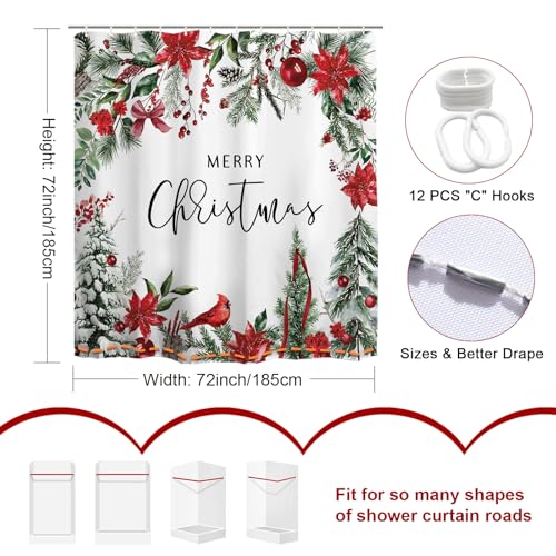 Baccessor Merry Christmas Shower Curtain 72x72 In - Winter Poinsettia & Cardinals Design, Waterproof Polyester