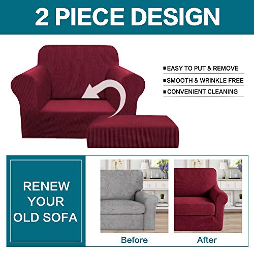 Stretch Fit Chair Slipcover with Cushion Cover & Ottoman Cover - Burgundy