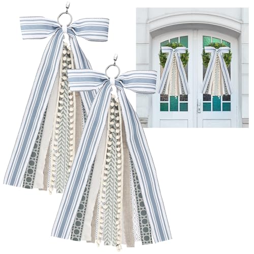 2 Pack Grayish Blue & Ivory Wreath Bows for Front Door & Tree Topper Decor