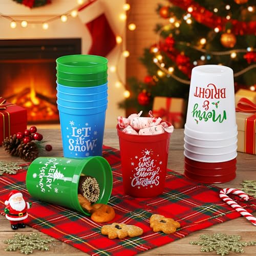 Potchen 60-Pack 16 oz Christmas Plastic Tumblers – Reusable, Text Variants Included